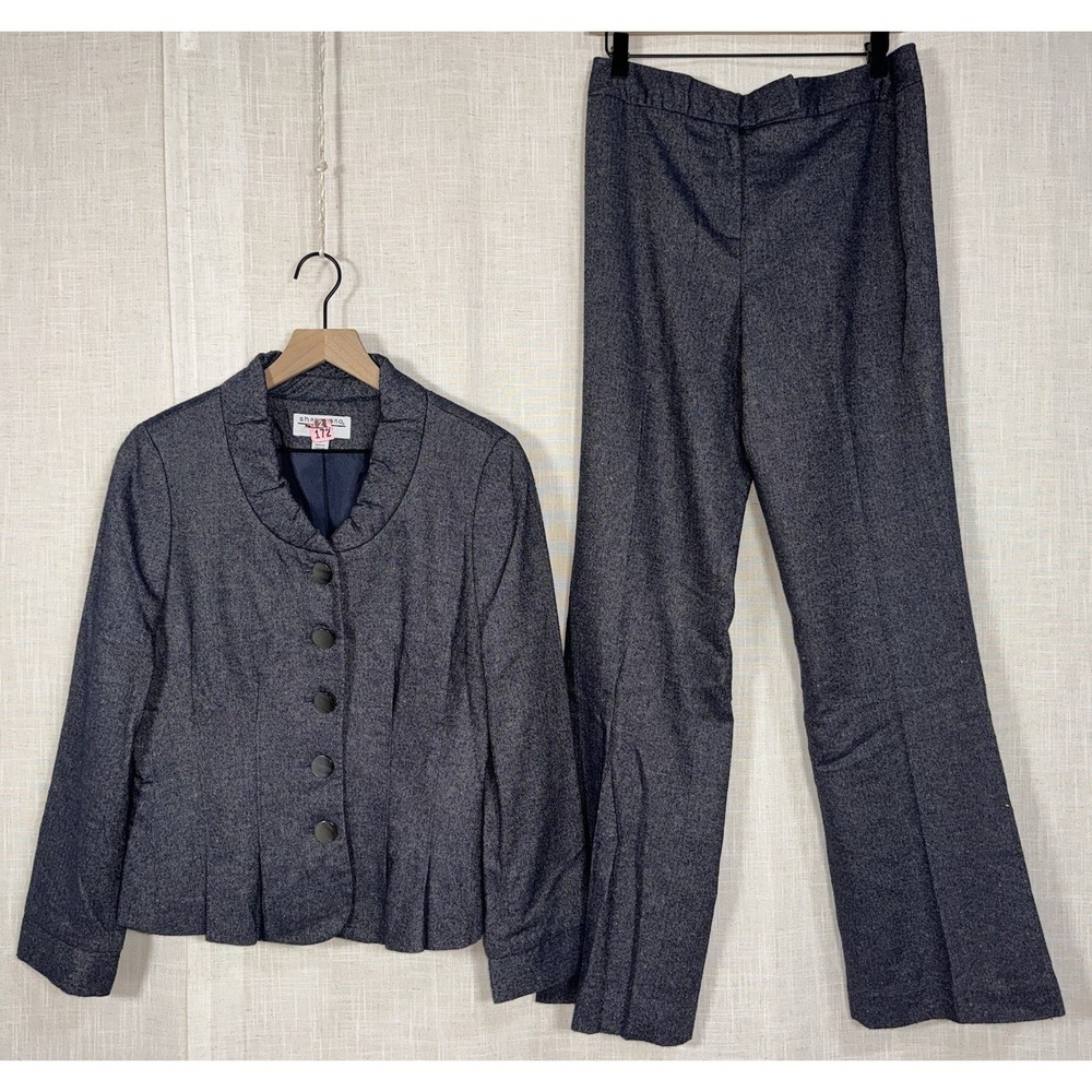 Sharagano Blazer Pants Trousers Suit Women's Sz 8 Set Blue Tweed Herringbone
